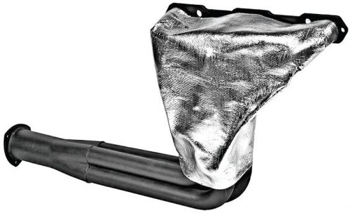 A metallic exhaust header with a heat shield, featuring a black pipe extending from the base. The heat shield has a textured, reflective surface, covering the upper section of the exhaust component.