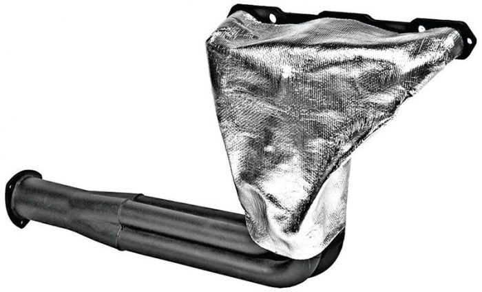 A metallic exhaust header with a heat shield, featuring a black pipe extending from the base. The heat shield has a textured, reflective surface, covering the upper section of the exhaust component.