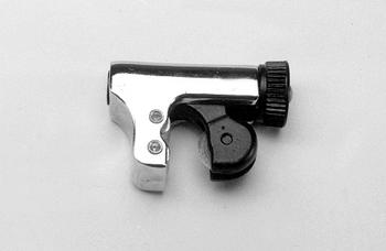 A metal trigger lock with a black adjustment knob and silver body, designed to prevent unauthorized use of firearms, is shown against a plain background.
