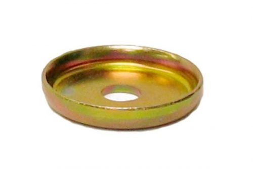 A round, shallow metal washer with a central hole, featuring a shiny, gold-colored finish.