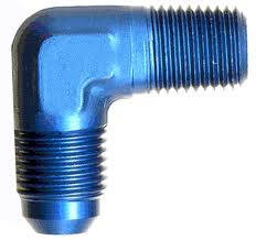 Blue metal L-shaped pipe fitting with threaded ends.