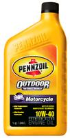Yellow bottle of Pennzoil Outdoor motorcycle engine oil, 10W-40, with a black cap. The label highlights protection and performance features. Capacity is 1 quart (946 ml).