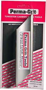 Perma-Grit tungsten carbide sanding tools packaging, featuring a wedge block with coarse and fine grits. The package is predominantly pink and white with product details and branding visible.