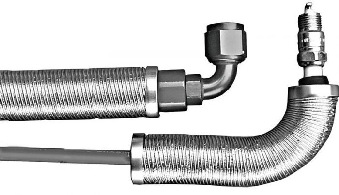 Two flexible metal hoses with connectors, one featuring a right-angle bend and a spark plug attached.