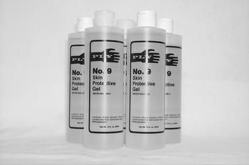 Five bottles of No. 9 Skin Protective Gel are arranged in a cluster. The bottles are clear with white caps and feature a black and white label. They are set against a plain background.