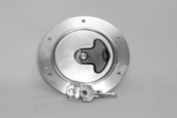 Silver circular locking mechanism with a keyhole in the center and two keys inserted. The lock has a round base with four screw holes for mounting.