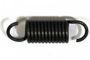 A black metal coil spring with hooks at both ends, lying horizontally on a white background.