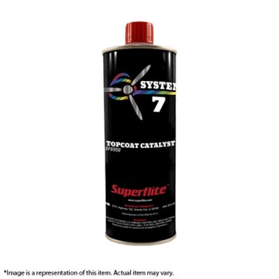 A black cylindrical can with a red cap labeled "System 7 Topcoat Catalyst" and "Superflite" in red text. A small note below states the image is a representation and the actual item may vary.