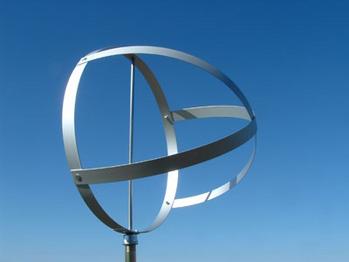 A vertical axis wind turbine with three curved blades is set against a clear blue sky.