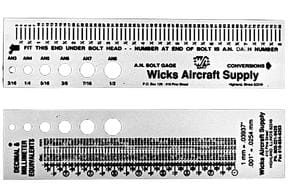 Two metal bolt gauges from Wicks Aircraft Supply with various hole sizes and measurement markings for identifying bolt diameters. The top gauge includes instructions and company branding.