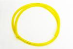 A coiled yellow rubber hose on a plain white background.
